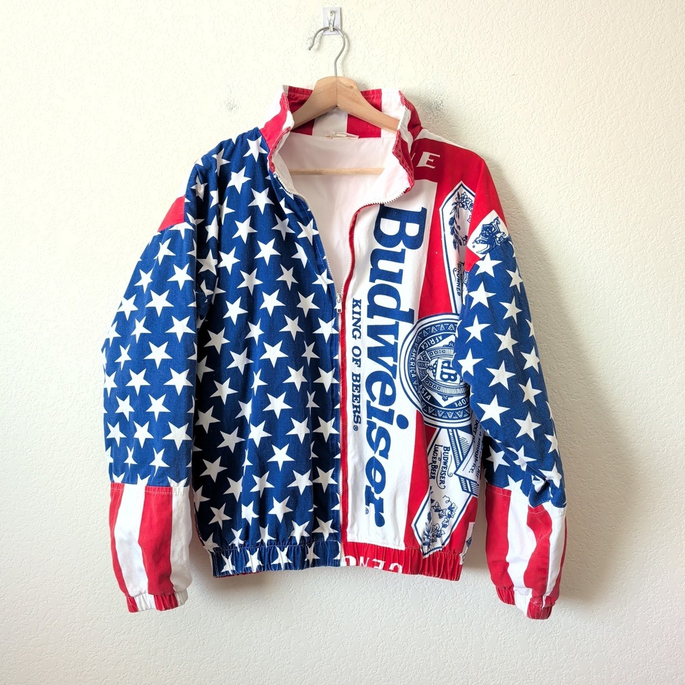 Vintage Budweiser American Flag Bomber Jacket Cotton Lined Americana USA Large